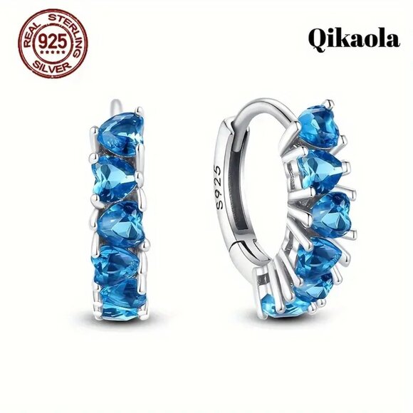 Beautiful Huggie Hoop Earrings with Blue Zircon Heart Shaped Stones - Picture 2 of 4